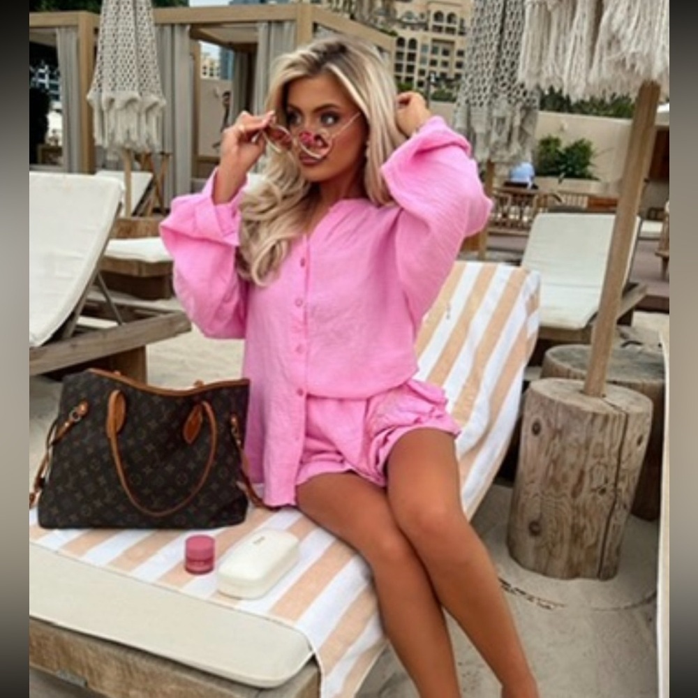 Pink Button-Up Blouse and Shorts Set